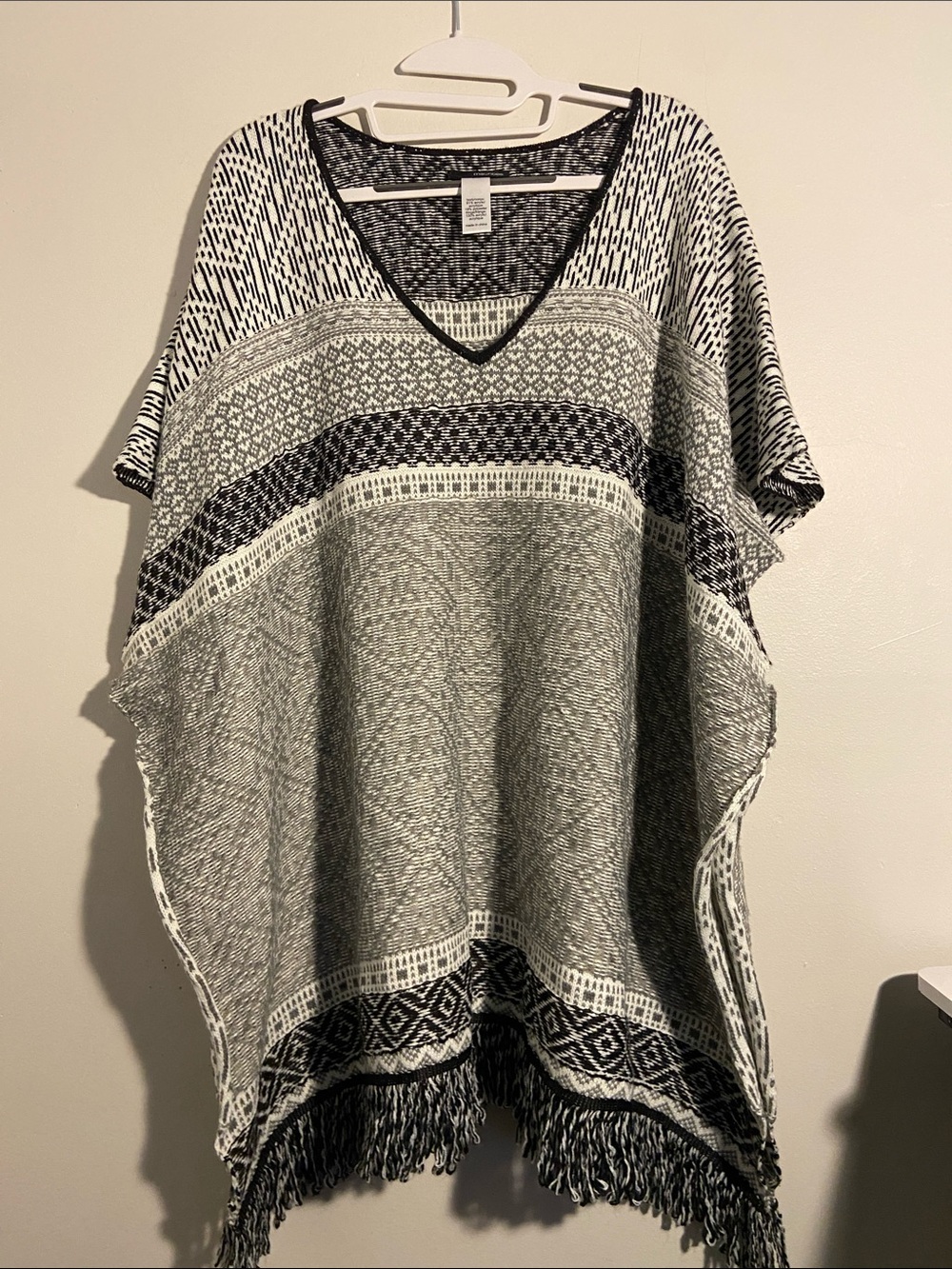 Maurices Black & White V-Neck Fringe Poncho Tunic